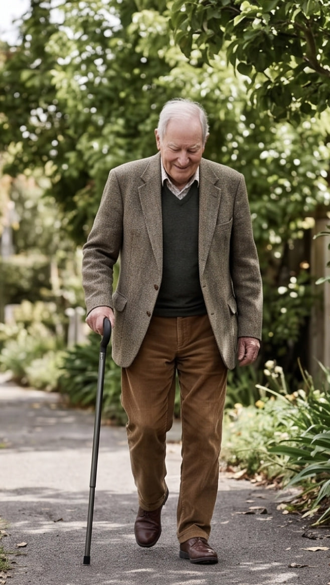 An older man walking through a garden with the Rise cane