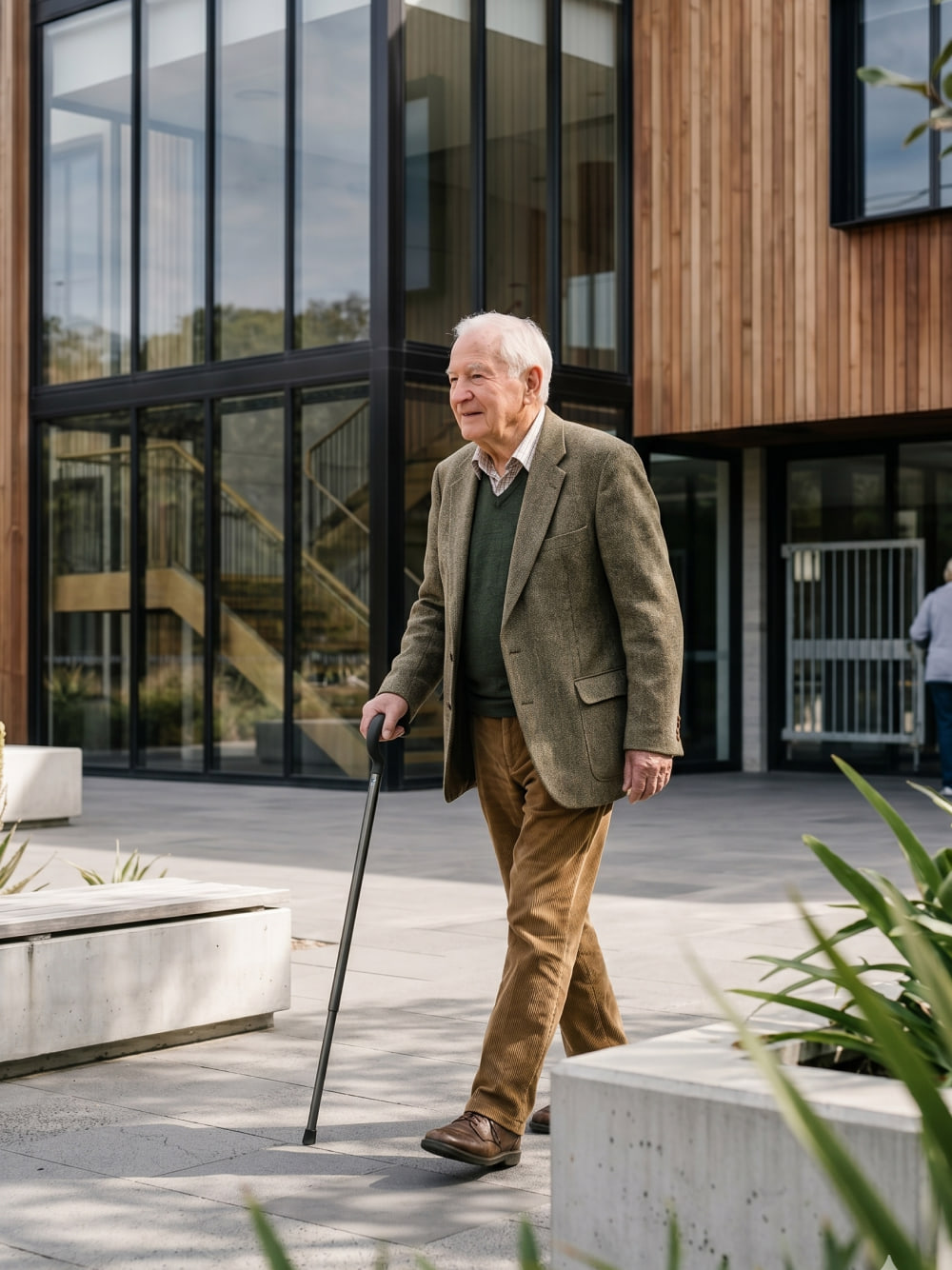 A man walking past a modern building with the Rise cane