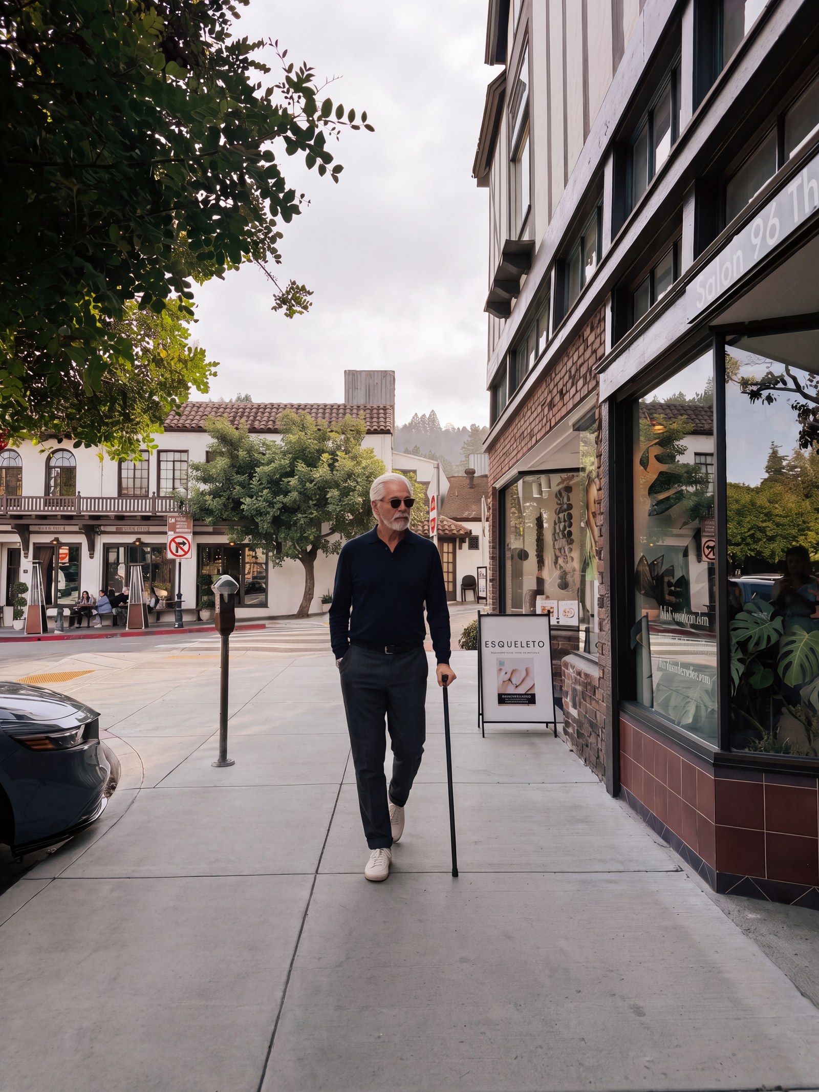 A man walking down a city sidewalk with the Rise cane