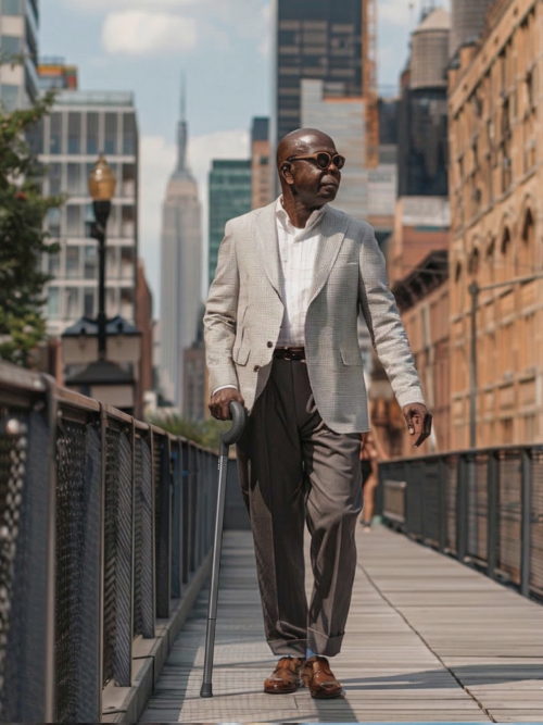 A man crossing a city walkway with the Rise cane