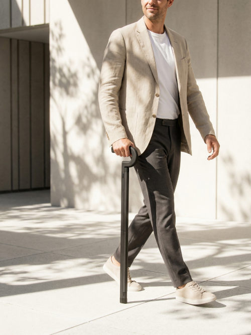 A man in a linen blazer walking with the Rise cane
